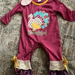Marie Nicole line 0-3 NWT burgundy romper with Turkey and Thankful. So cute!